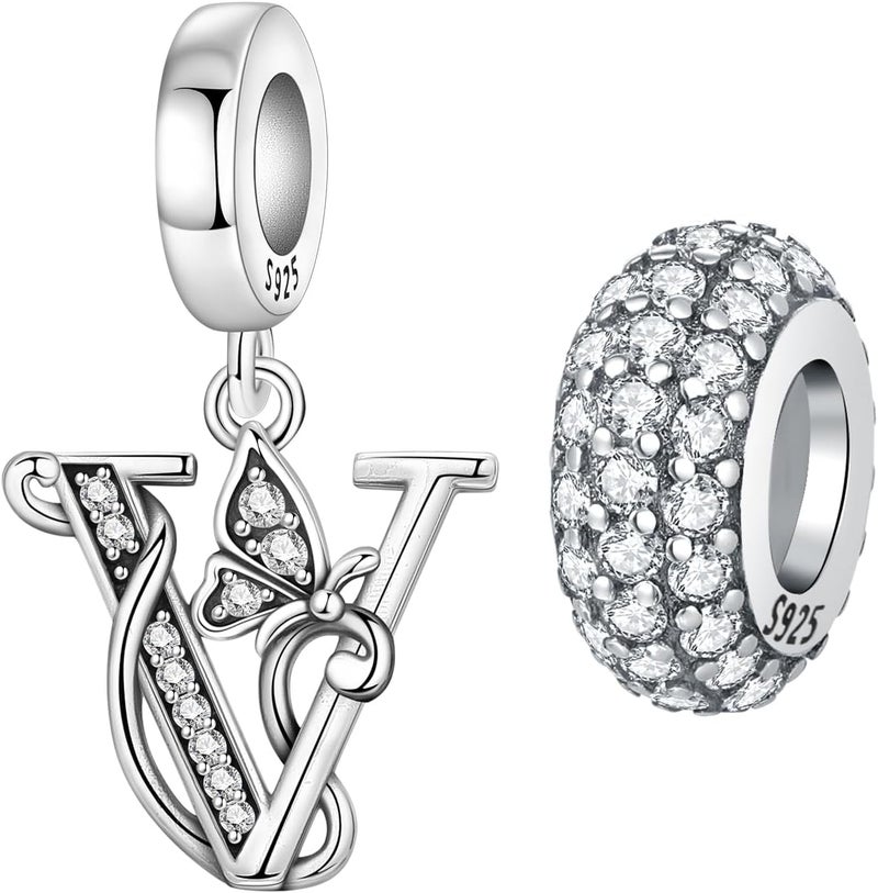 PANPOKI Store 2 Pack 925 Sterling Silver Butterfly Letter Charms for Bracelets and Necklace Alphabet Initial Dangle Pendants Round Spacer Beads Pave Cubic Zirconia Jewelry Gift for Women - Image 1